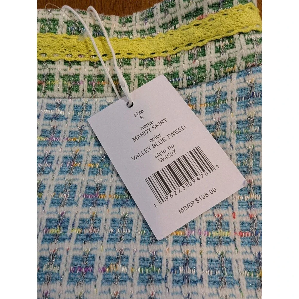 Pastel Tweed Boucle Coquette Academia Mini Skirt NWT 8  Blue Yellow Lace $198